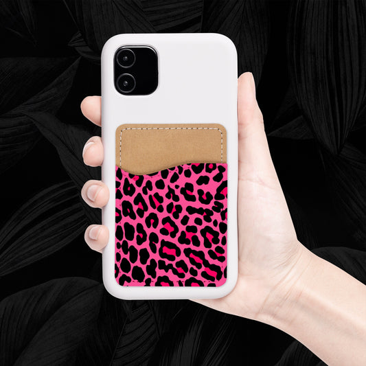 Cute Pink Leopard Phone Wallet - Adhesive PU Leather Card Holder For Phone - Animal Print Custom Gift - Stick on Pocket - Card Caddy
