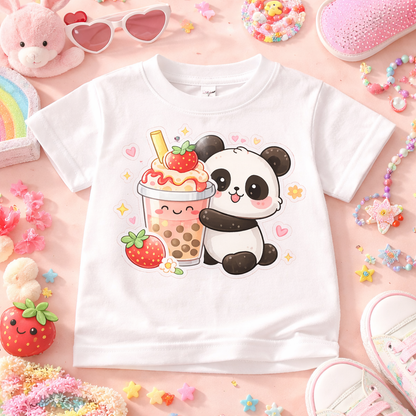 Kawaii Panda Boba DTF Transfer – Cute Strawberry Bubble Tea Heat Transfer – Kids Shirt Design – Pink Aesthetic Ready to Press DTF Decal