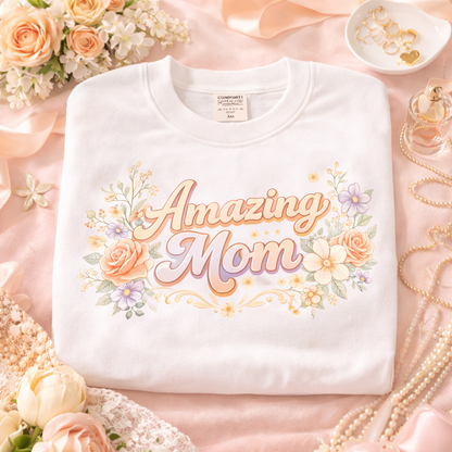 Amazing Mom DTF Transfer – Floral Mother’s Day Heat Transfer – Vintage Pastel Mom Design – Ready to Press DTF Decal – Gift for Mom Shirt