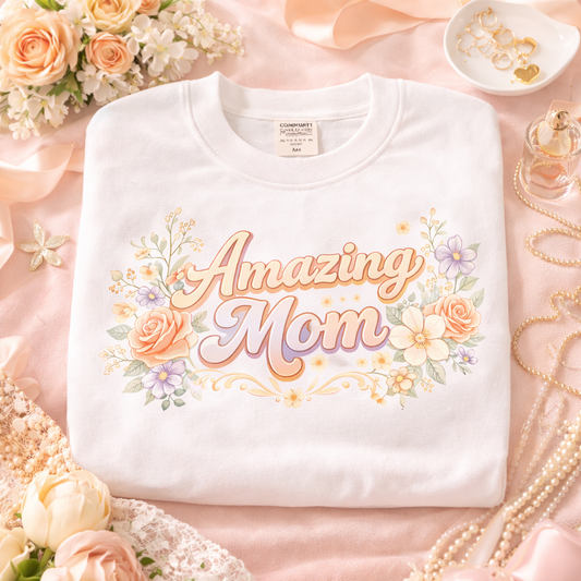 Amazing Mom DTF Transfer – Floral Mother’s Day Heat Transfer – Vintage Pastel Mom Design – Ready to Press DTF Decal – Gift for Mom Shirt