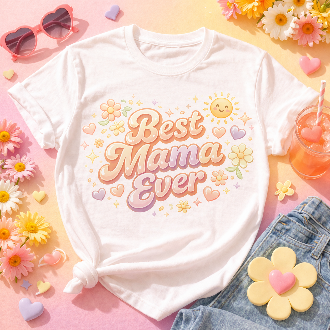 Best Mama Ever DTF Transfer - Cute Pastel Floral Heat Transfer - Mother’s Day Shirt Design - Retro Happy Sun Mom Graphic - Ready to Press