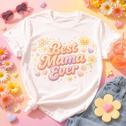 Best Mama Ever DTF Transfer - Cute Pastel Floral Heat Transfer - Mother’s Day Shirt Design - Retro Happy Sun Mom Graphic - Ready to Press