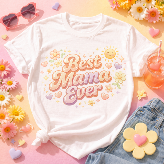 Best Mama Ever DTF Transfer - Cute Pastel Floral Heat Transfer - Mother’s Day Shirt Design - Retro Happy Sun Mom Graphic - Ready to Press