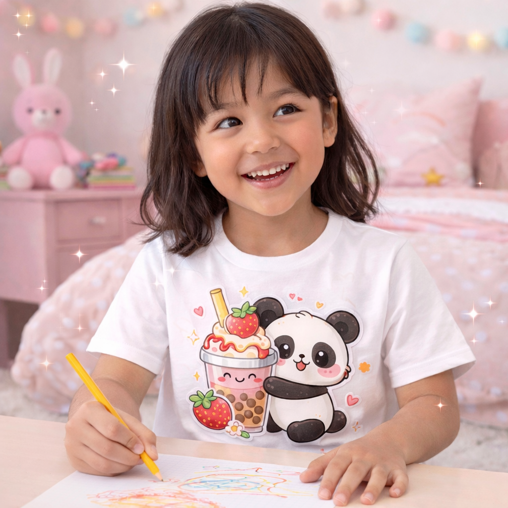 Kawaii Panda Boba DTF Transfer – Cute Strawberry Bubble Tea Heat Transfer – Kids Shirt Design – Pink Aesthetic Ready to Press DTF Decal