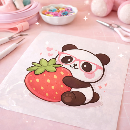 Kawaii Panda Strawberry DTF Transfer – Cute Panda Heat Transfer – Pink Aesthetic DTF Decal – Ready to Press Shirt Design – Kids & Small Business