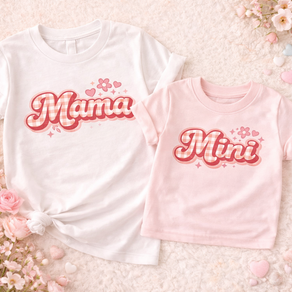 Mama Mini DTF Transfer – Matching Mom and Child Heat Transfer – Pink Gingham Mama & Mini Design – Cute Mother’s Day Shirt Decal – Ready to Press