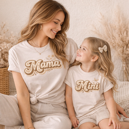 Mama Mini Matching DTF Transfer Set - Neutral Floral Heat Transfer - Mommy and Me Shirt Design - Ready to Press DTF Decal - Beige Aesthetic
