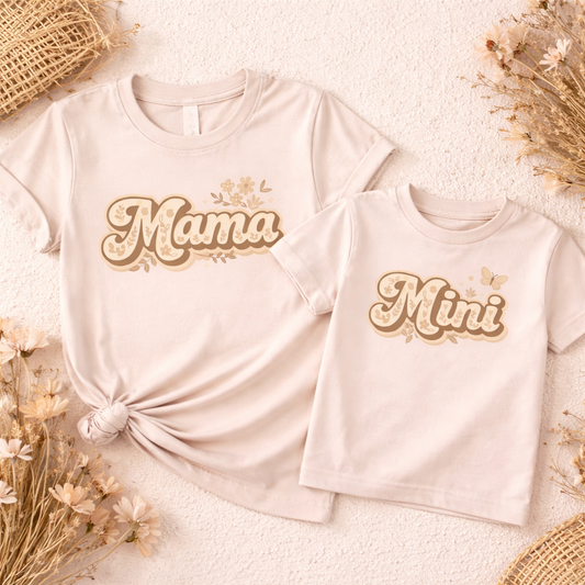 Mama Mini Matching DTF Transfer Set - Neutral Floral Heat Transfer - Mommy and Me Shirt Design - Ready to Press DTF Decal - Beige Aesthetic
