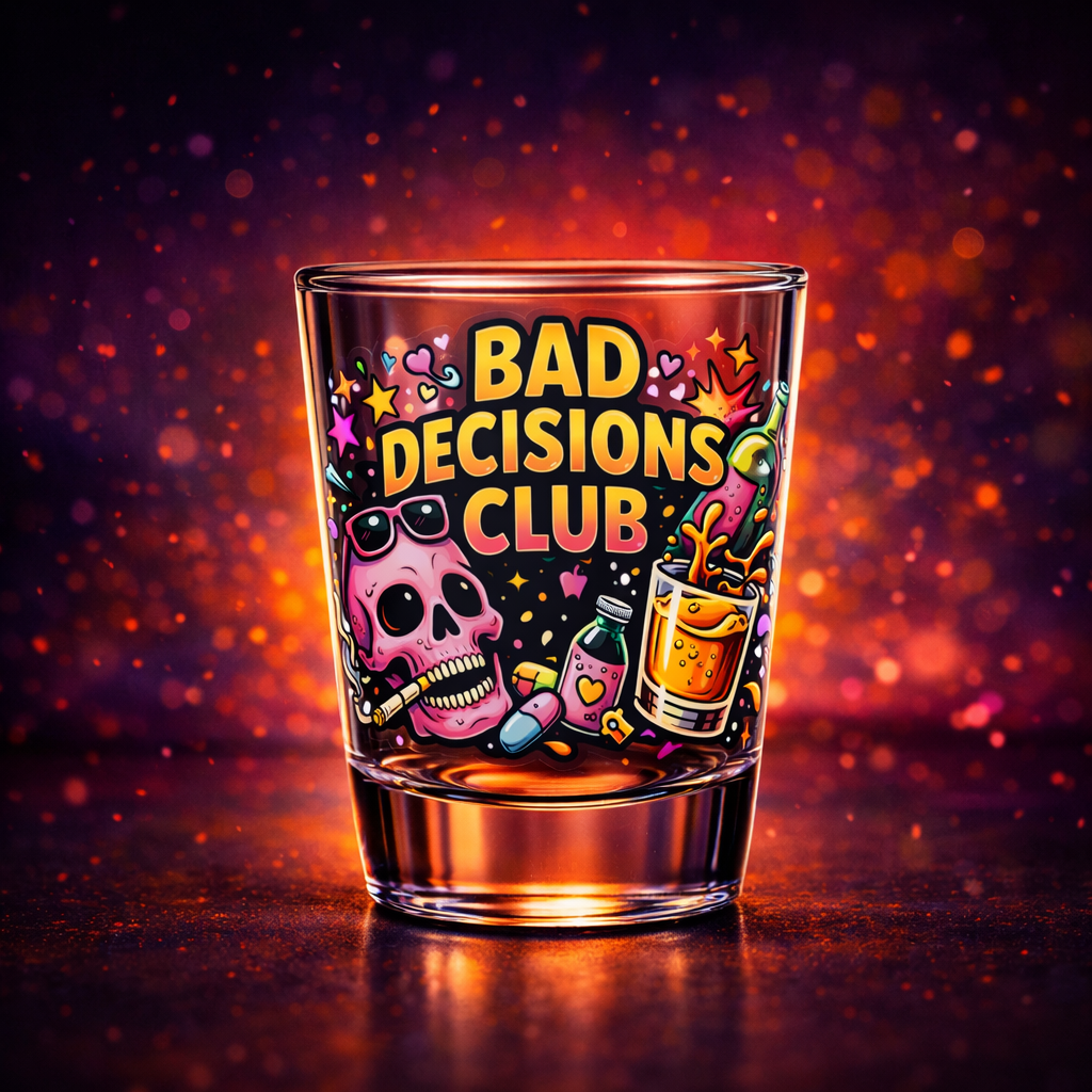 Bad Decisions Club Shot Glass UV DTF Transfer – Funny Party Decal – Neon Skull Drinking Design – Waterproof UV DTF for Glassware