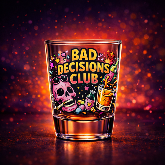 Bad Decisions Club Shot Glass UV DTF Transfer – Funny Party Decal – Neon Skull Drinking Design – Waterproof UV DTF for Glassware