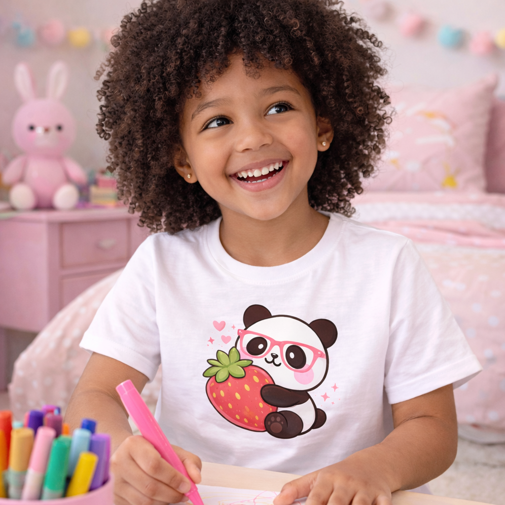 Kawaii Panda Strawberry DTF Transfer – Cute Panda Heat Transfer – Pink Aesthetic DTF Decal – Ready to Press Shirt Design – Kids & Small Business