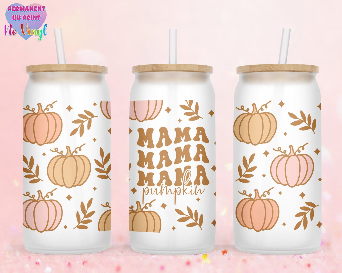 UVDTF Customized Glass Cup 16oz - Mama Pumpkin Fall Design - Clear or Frosted - Bamboo Lid - Customized Gifts