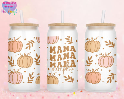 UVDTF Customized Glass Cup 16oz - Mama Pumpkin Fall Design - Clear or Frosted - Bamboo Lid - Customized Gifts
