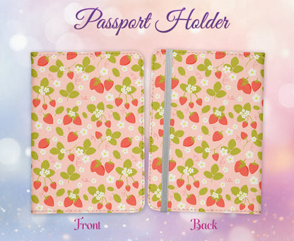 Strawberry and Flower Design Passport Cover - PU Leather Wallet Card Holder For Document - Custom Gift