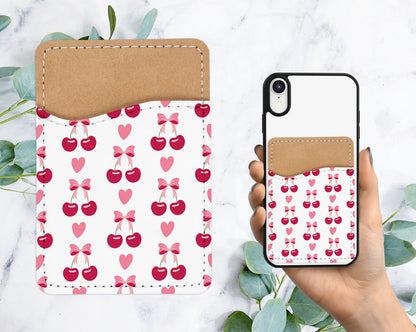 Love Cherry Phone Wallet - Adhesive PU Leather Card Holder for Phone - Custom Gift - Stick on Pocket - Card Caddy