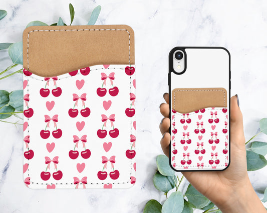 Love Cherry Phone Wallet - Adhesive PU Leather Card Holder for Phone - Custom Gift - Stick on Pocket - Card Caddy