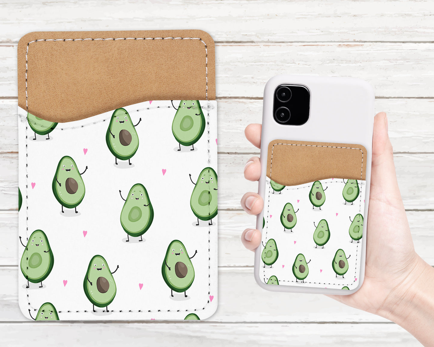 Cute Avocado Pattern Phone Wallet - Adhesive PU Leather Card Holder For Phone  - Custom Gift - Stick on Pocket - Card Caddy