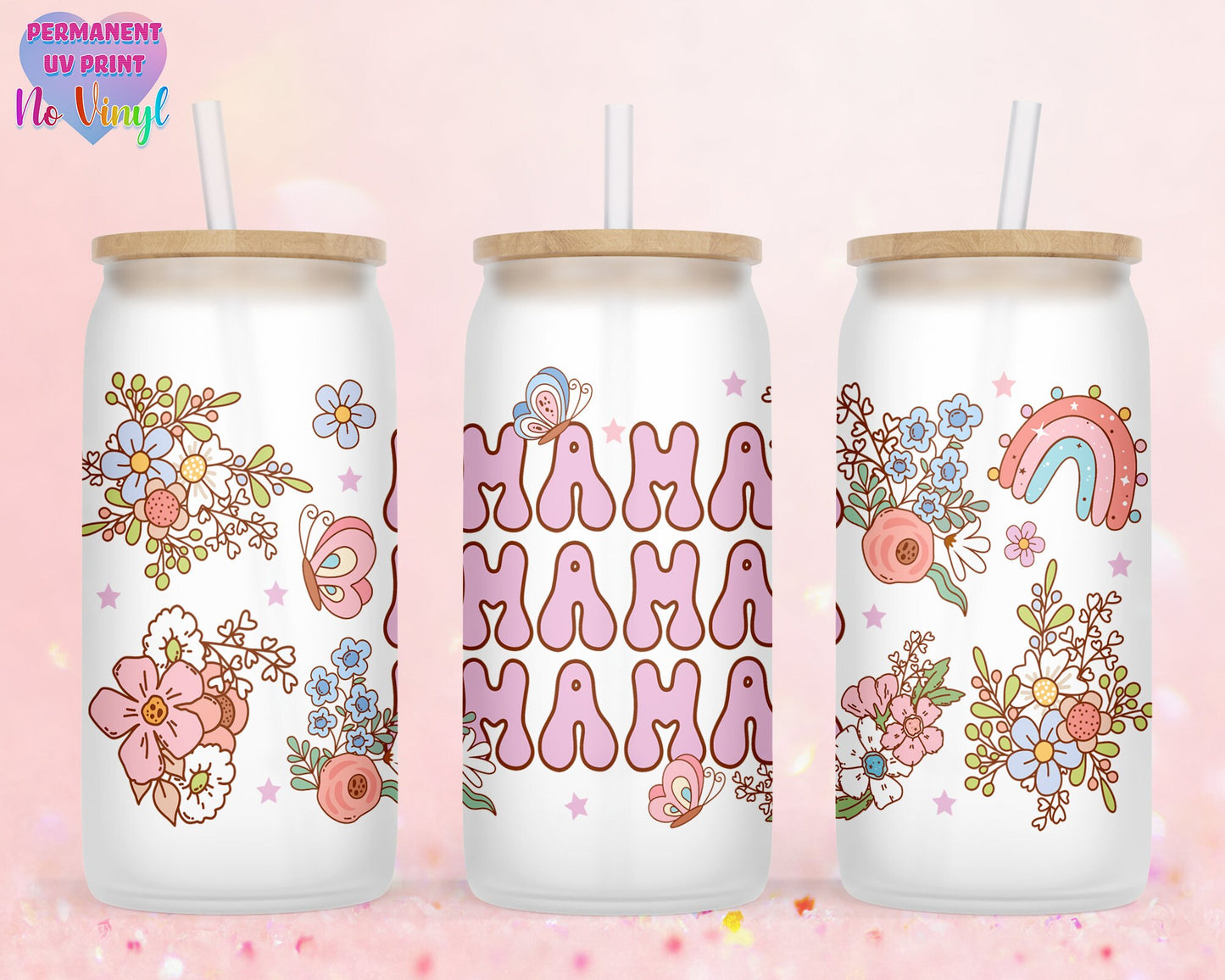 UVDTF Customized Glass Cup 16oz - Mama Mama Mama Floral Design - Clear or Frosted - Bamboo Lid - Customized Gifts