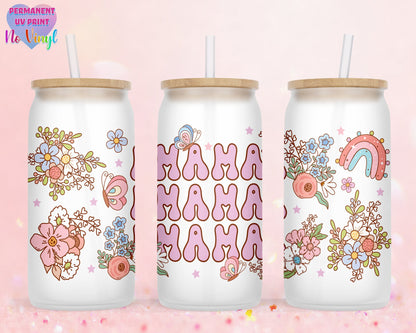 UVDTF Customized Glass Cup 16oz - Mama Mama Mama Floral Design - Clear or Frosted - Bamboo Lid - Customized Gifts