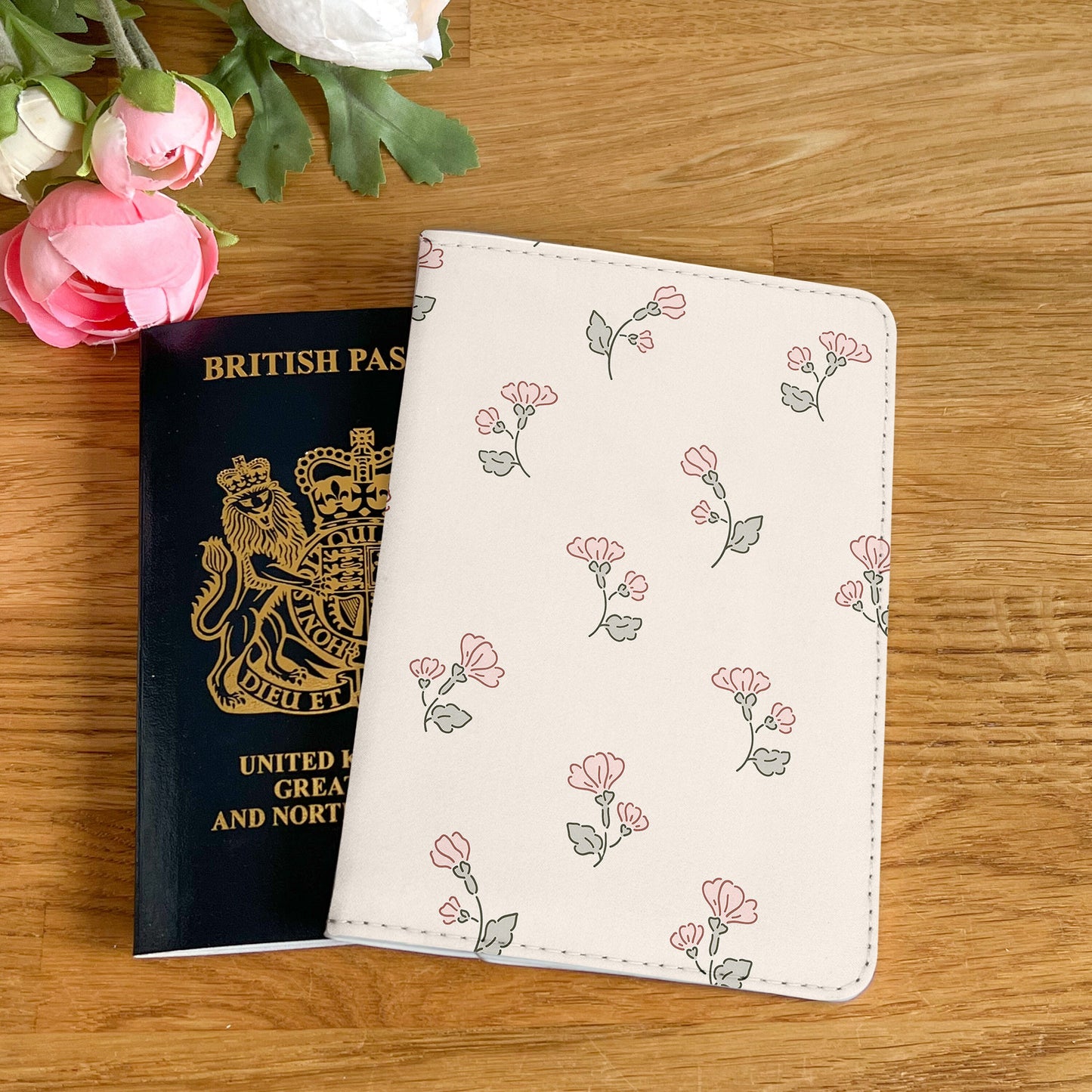 Nude Delicate Flower Design Passport Cover - PU Leather Wallet Card Holder For Document - Custom Gift