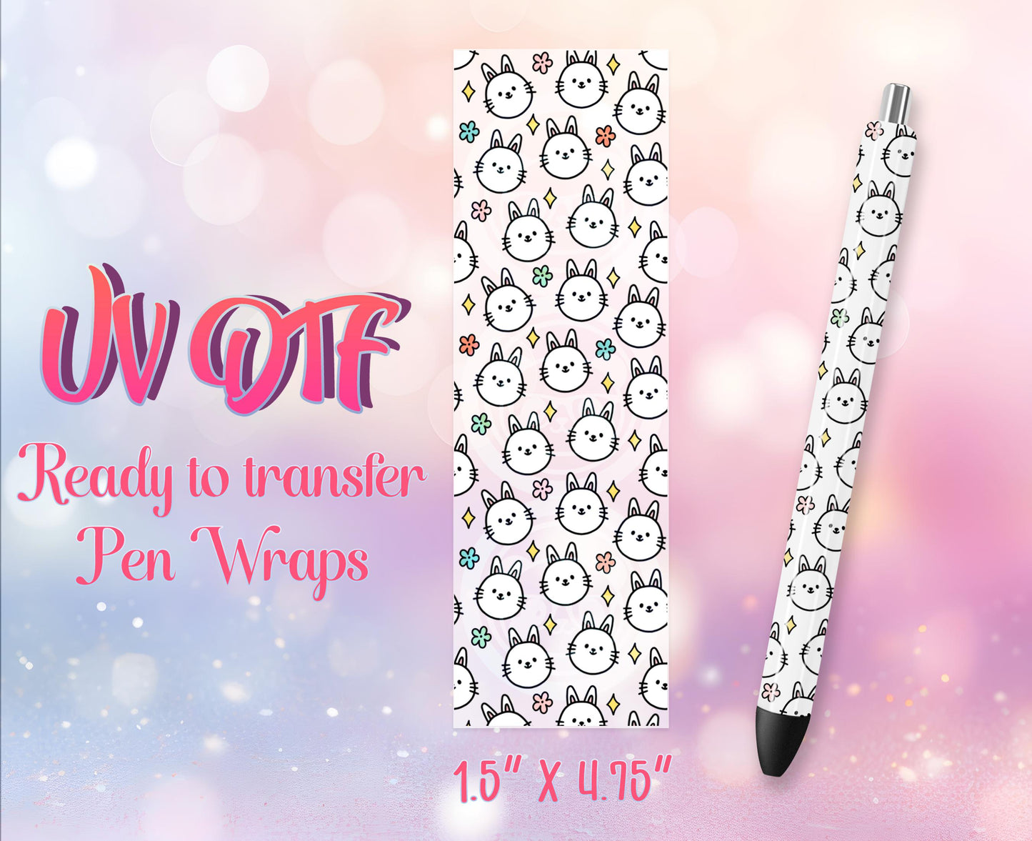 UV DTF Pen Wraps - Ready to Apply - Cute Rabbit Bunny Design Prints - DIY Pen Decal - Customizable