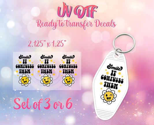 UV DTF Ready to Apply Keychain Transfers - Smile it Confuses Them Design Prints - DiY Retro Motel Keychain Decal - Customizable