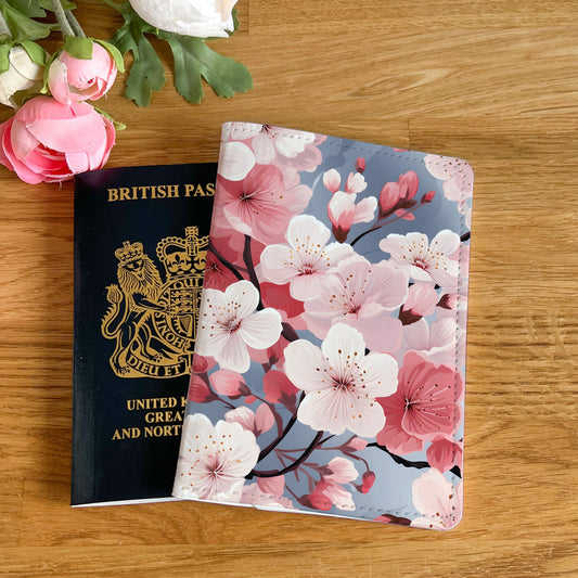 Cherry Blossom Flower Design Passport Cover - Sakura PU Leather Wallet Card Holder For Document - Custom Gift