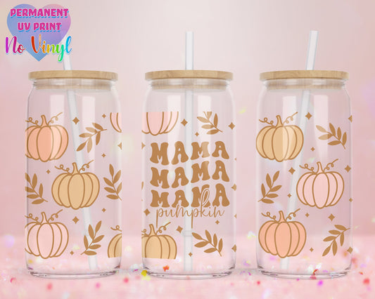 UVDTF Customized Glass Cup 16oz - Mama Pumpkin Fall Design - Clear or Frosted - Bamboo Lid - Customized Gifts