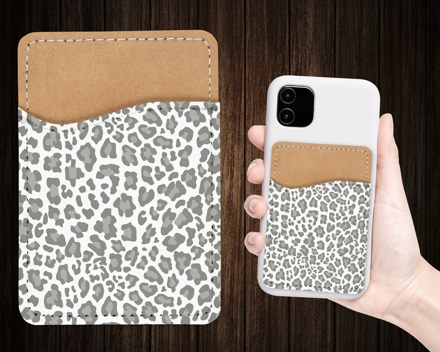 Leopard Phone Wallet - Adhesive PU Leather Card Holder For Phone - Stick on Pocket - Card Caddy - Cute Animal Print - Custom Gift