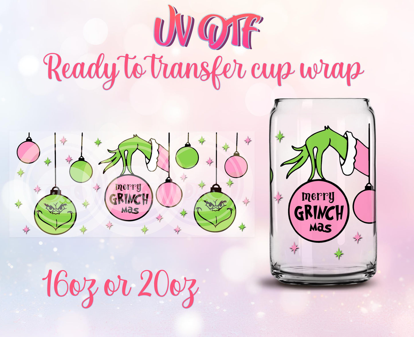 UV DTF Ready to Transfer Cup Wraps - Christmas Design DIY 16oz and 20oz Prints - Libbey Glass Can - Customizable