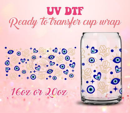 UV DTF Cup Wrap - Ready to Transfer  Evil Eye Hamsa - DIY 16oz and 20oz Prints - Libbey Glass Can - Customizable