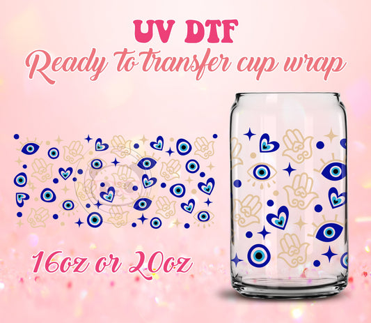 UV DTF Cup Wrap - Ready to Transfer  Evil Eye Hamsa - DIY 16oz and 20oz Prints - Libbey Glass Can - Customizable