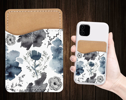 Watercolor Flower Pattern Phone Wallet - Adhesive PU Leather Card Holder For Phone  - Stick on Pocket - Card Caddy - Custom Gift