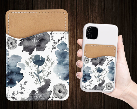 Watercolor Flower Pattern Phone Wallet - Adhesive PU Leather Card Holder For Phone  - Stick on Pocket - Card Caddy - Custom Gift