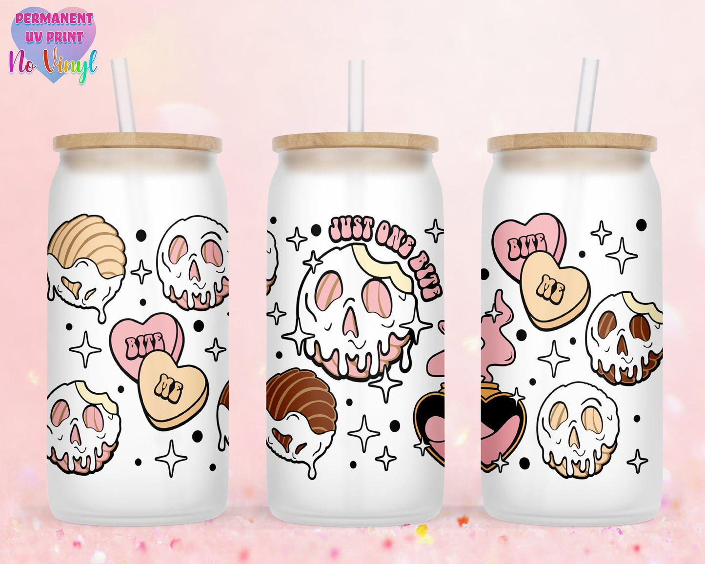UVDTF Customized Glass Cup 16oz - Poison Concha Design - Clear or Frosted - Bamboo Lid - Customized Gifts