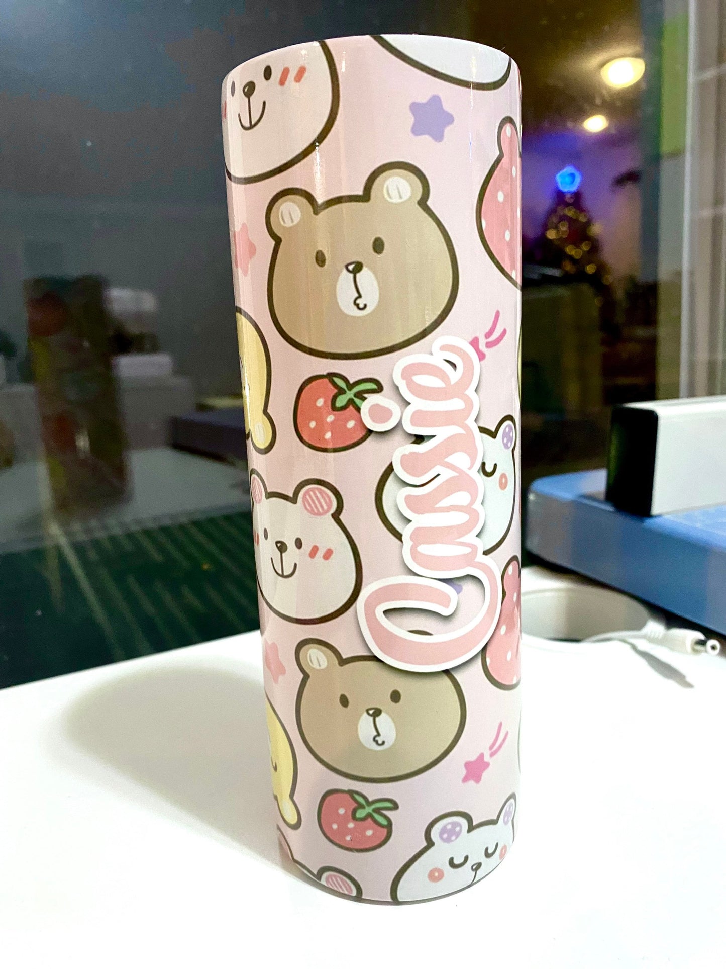 Kawaii Personalized 20oz Skinny Tumbler - Cute Bears Bottle - Custom Design Travel Mug - Gift