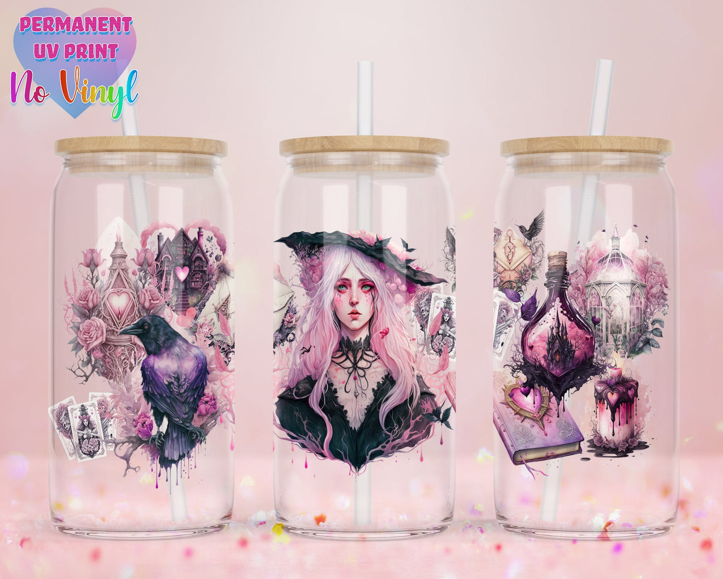 UVDTF Customized Glass Cup 16oz - Witch in Pink Design - Bamboo Lid - Customized Gifts