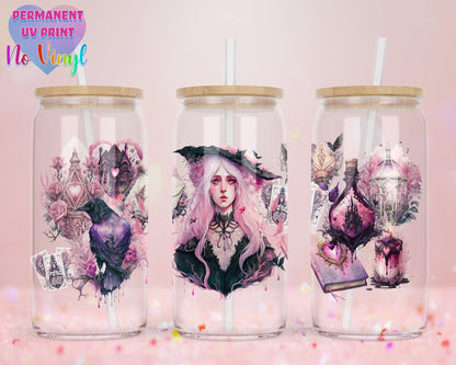 UVDTF Customized Glass Cup 16oz - Witch in Pink Design - Bamboo Lid - Customized Gifts