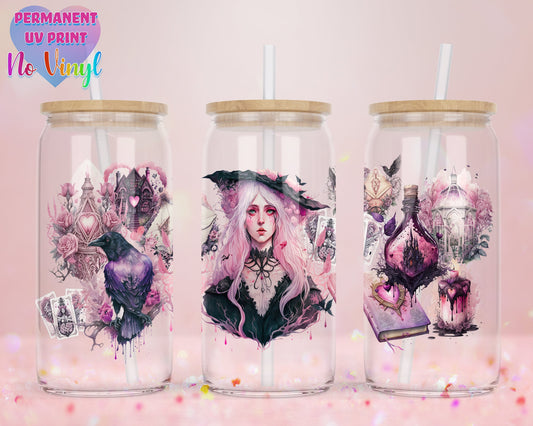 UVDTF Customized Glass Cup 16oz - Witch in Pink Design - Bamboo Lid - Customized Gifts