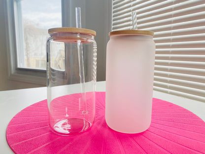 Blank Sublimation Beer Can Glass - Blank 16oz Glass - Soda Can Cup with Bamboo Lid and Straw - Tempered Borosilicate Glass