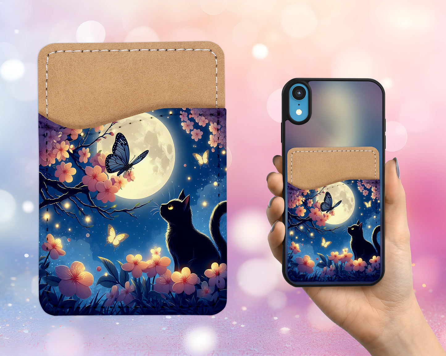 Cat Under the Moon Phone Wallet - Adhesive PU Leather Card Holder for Phone - Custom Gift - Stick on Pocket - Card Caddy