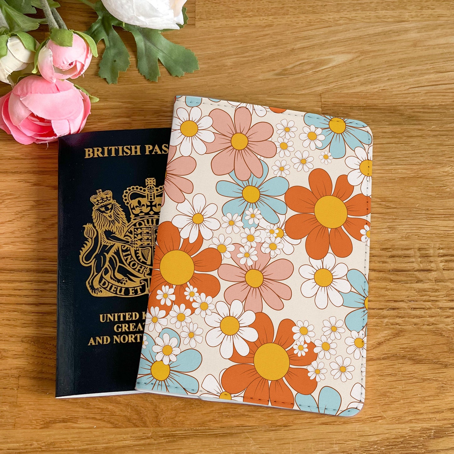 Retro Colorful Flower Design Passport Cover - Cute Daisy PU Leather Wallet Card Holder For Document - Custom Gift