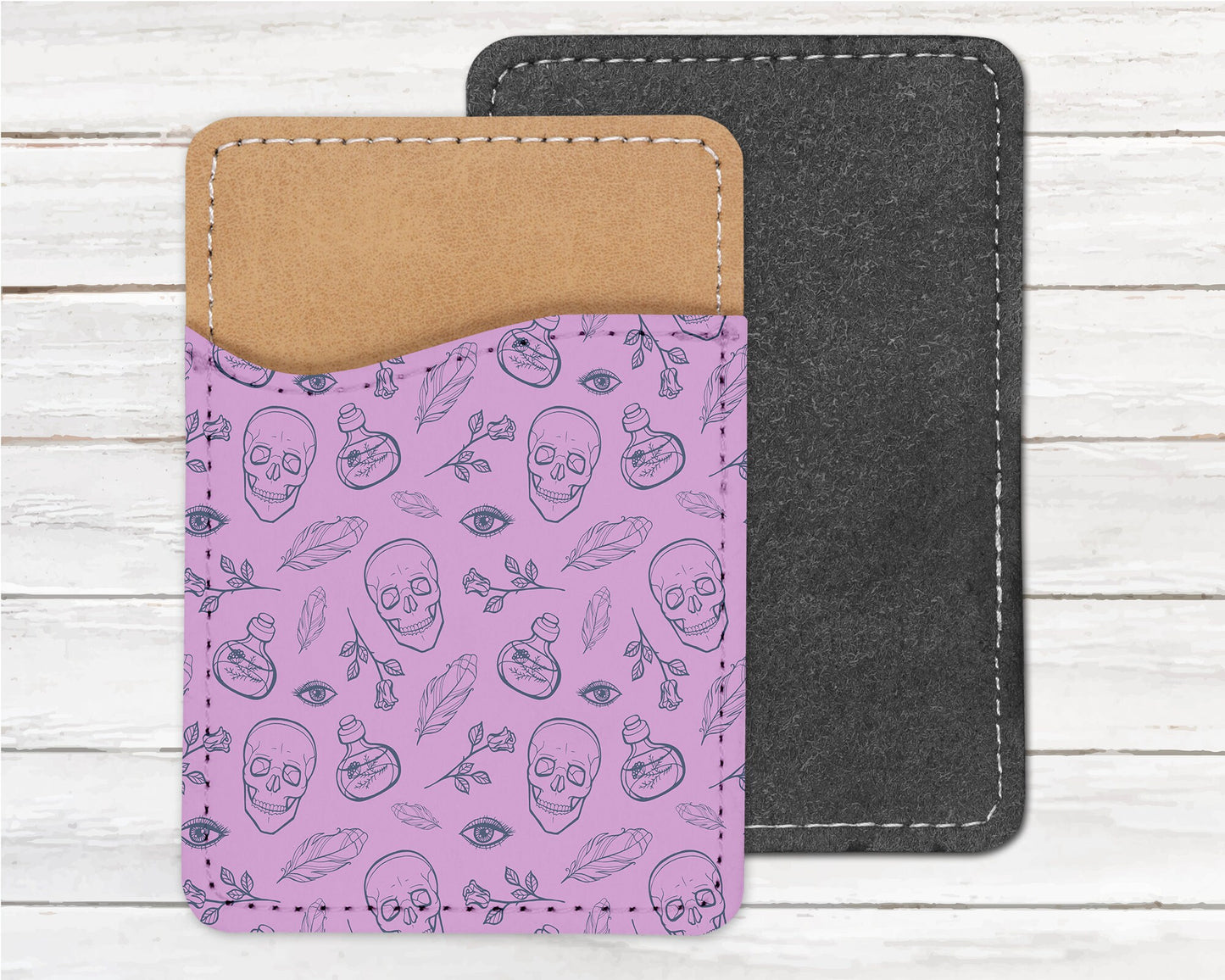 Skulls Phone Wallet - Adhesive PU Leather Card Holder For Phone - Custom Gift - Stick on Pocket - Card Caddy