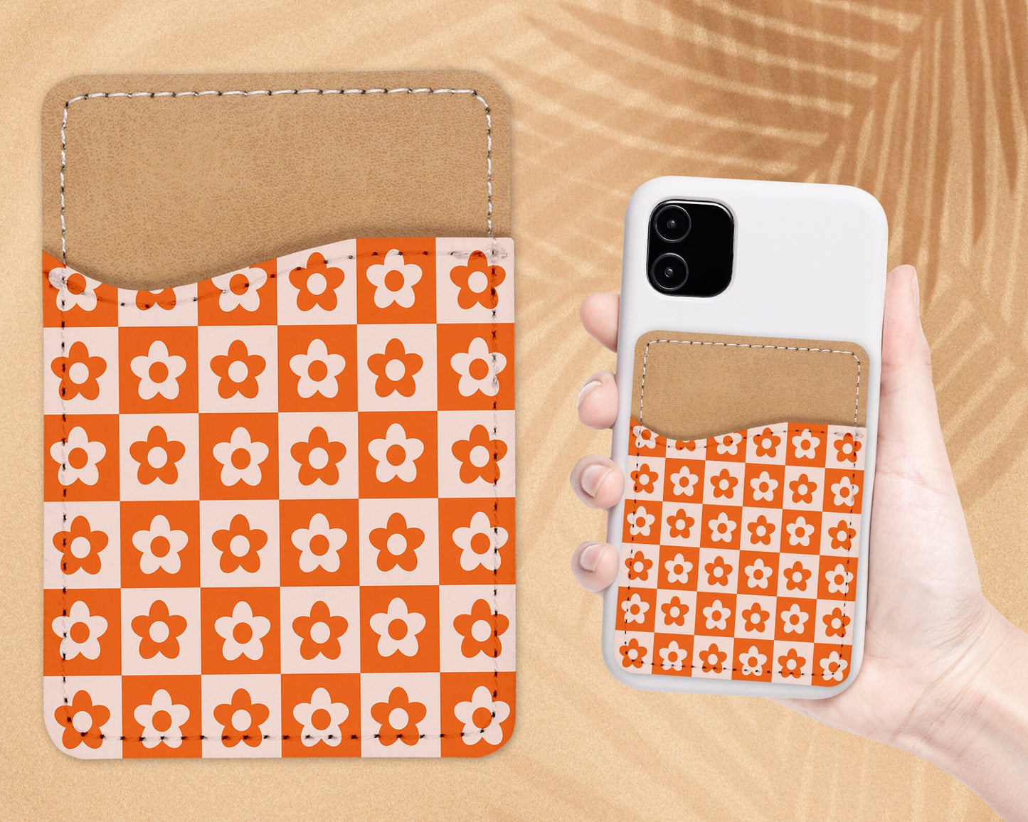 Retro Flower Design Phone Wallet - 70s 80s Groovy Adhesive PU Leather Card Holder For Phone - Custom Gift - Stick on Pocket - Card Caddy