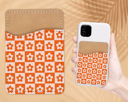 Retro Flower Design Phone Wallet - 70s 80s Groovy Adhesive PU Leather Card Holder For Phone - Custom Gift - Stick on Pocket - Card Caddy