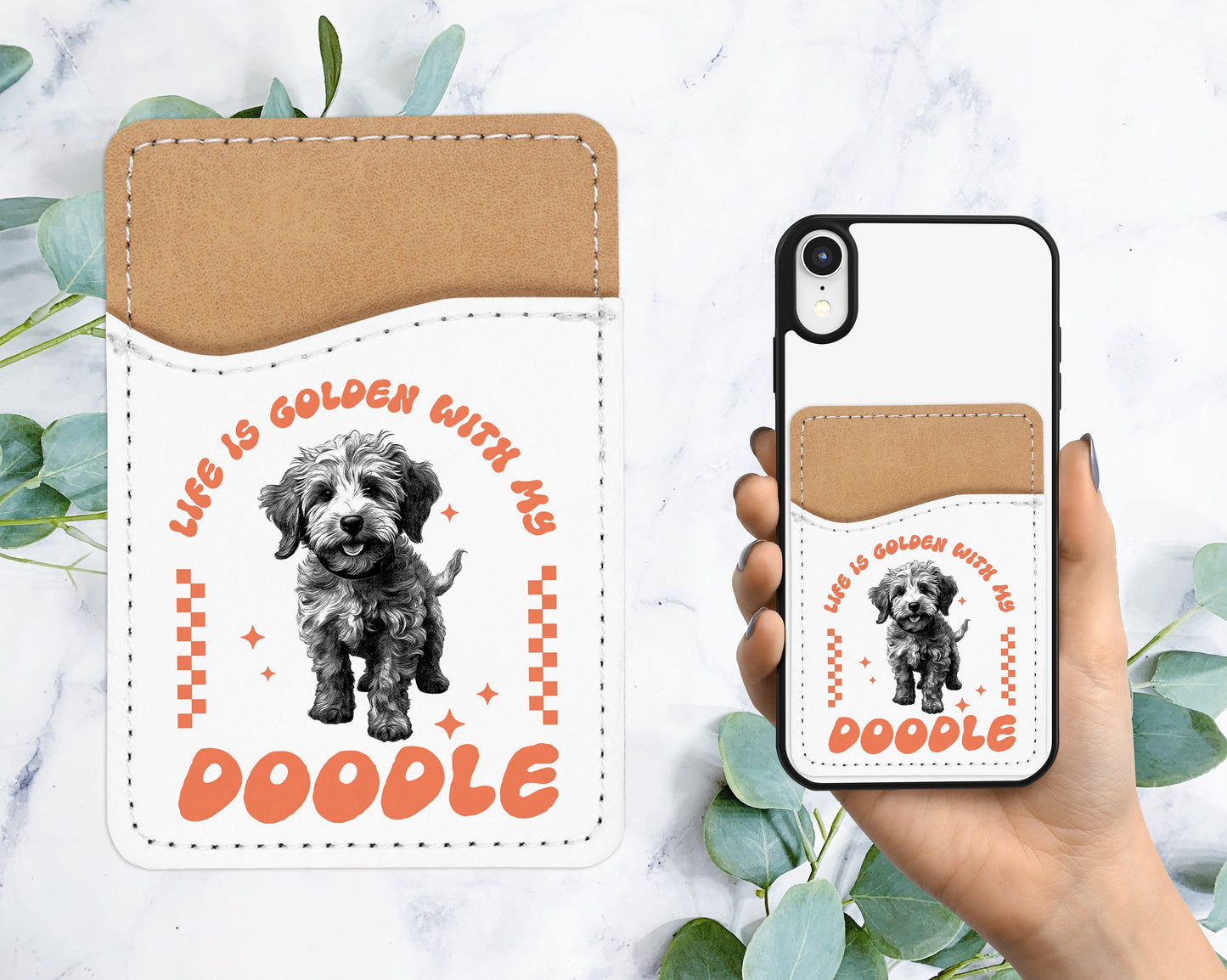 Cute Doodle Phone Wallet - Adhesive PU Leather Card Holder For Phone - Pet Dog Custom Gift - Stick on Pocket - Card Caddy