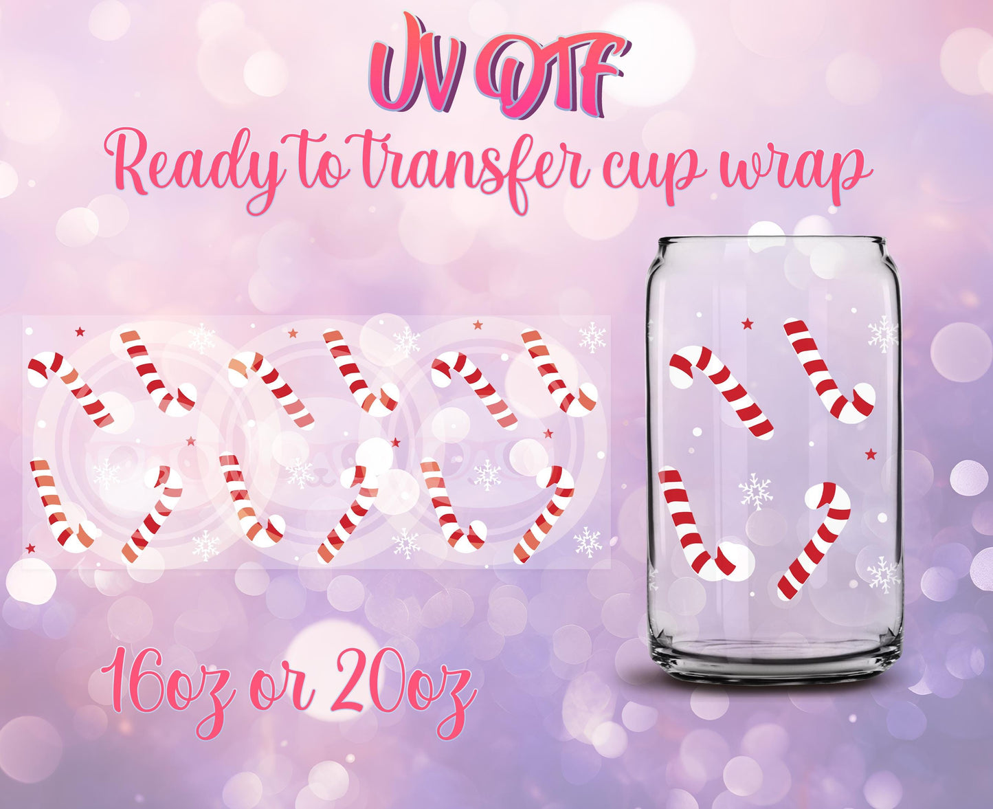 UV DTF Ready to Transfer Cup Wraps - Cute Christmas Design DIY 16oz and 20oz Prints - Libbey Glass Can - Customizable