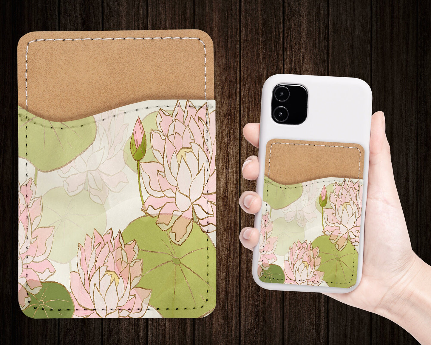 Water Lily Flower Pattern Phone Wallet - Adhesive PU Leather Card Holder For Phone  - Custom Gift - Stick on Pocket - Card Caddy