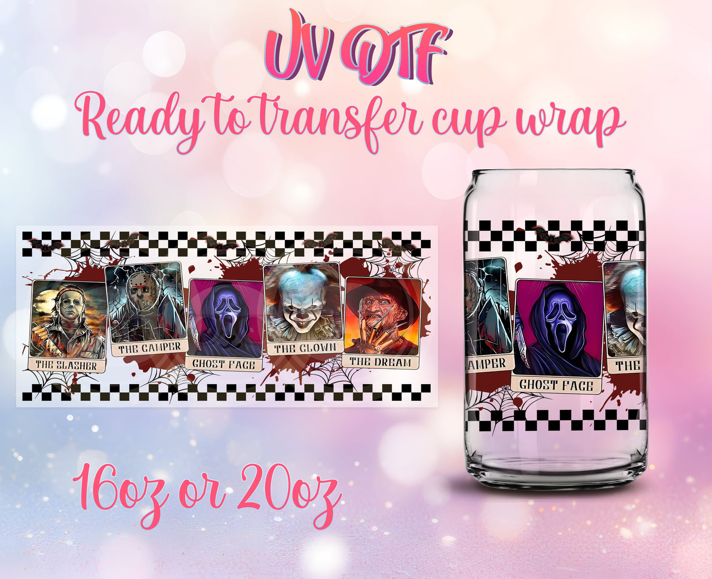 UV DTF Cup Wrap - Ready to Transfer  Halloween - Horror Figures 2 Design DIY 16oz and 20oz Prints - Libbey Glass Can - Customizable