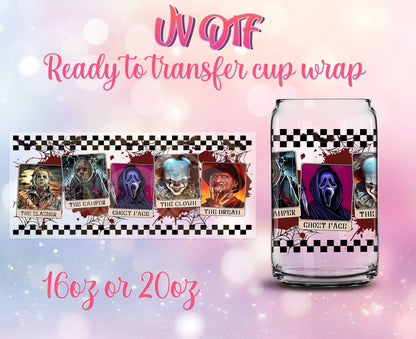 UV DTF Cup Wrap - Ready to Transfer  Halloween - Horror Figures 2 Design DIY 16oz and 20oz Prints - Libbey Glass Can - Customizable